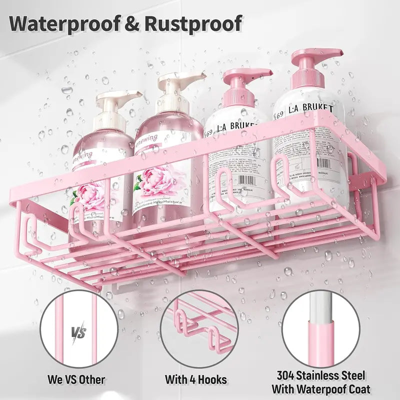 【Back to School】Blush Pink 5-Piece Round Self-Adhesive Shower Organizer Set - No-Drill, Hollow Stainless Steel Wall Mount, Rust-Proof Waterproof Bathroom Gadget with Large Shampoo Basket, Toothbrush Holder, Soap Rack for Dorm Rooms, Bathroom Decor