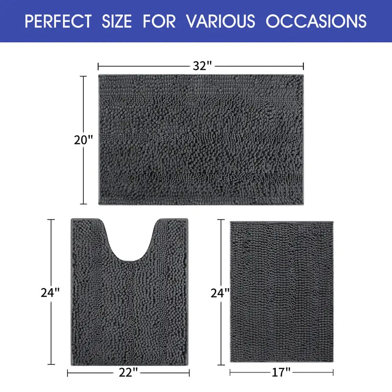 ACCUMTEK Striped Bathroom Rug Set Ultra Soft, Non Slip Chenille Toilet Mat, Absorbent Plush Shaggy Bath Mats for Bathroom, Bedroom, Kitchen