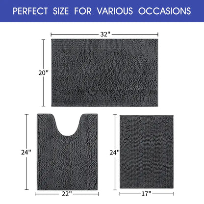ACCUMTEK Striped Bathroom Rug Set Ultra Soft, Non Slip Chenille Toilet Mat, Absorbent Plush Shaggy Bath Mats for Bathroom, Bedroom, Kitchen