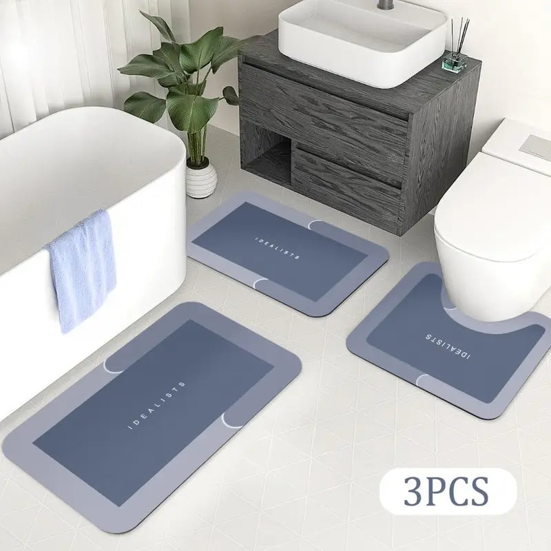 Geometric 3-Piece Modern Soft Diatomite Bathroom Rug Set, Non-Slip Square Rubber Floor Mat, U-Shape Toilet Mat, Quick-Dry Absorbent for Bathroom Home Decor, Diatomite Bathroom Mat