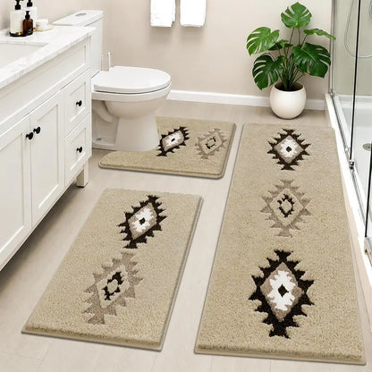 [SeptemberStockUp] HEBE Boho 3-Piece Washable Shaggy Bath Rugs Set, Non-Slip Stays Put Grip Absorbent Microfiber Mats with U-Shaped Contour Toilet Rug, Traditional Look Aztec Western Carpet for Tub/Shower Indoor Areas