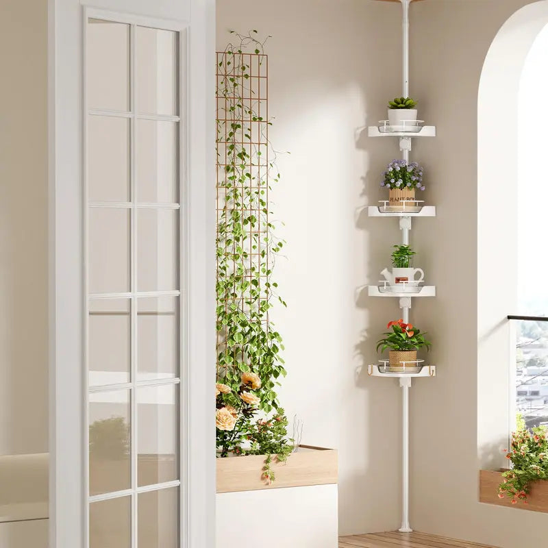 MAONAME 360° Rotating Corner Shower Caddy Tension Pole Organizer - Modern Bathroom Accessory, 4-Tier Adjustable Rustproof Metal Pole, Plastic Shelves with Safety Guardrail, Drainage Keeps Shelves Drier for Organizing Bathroom