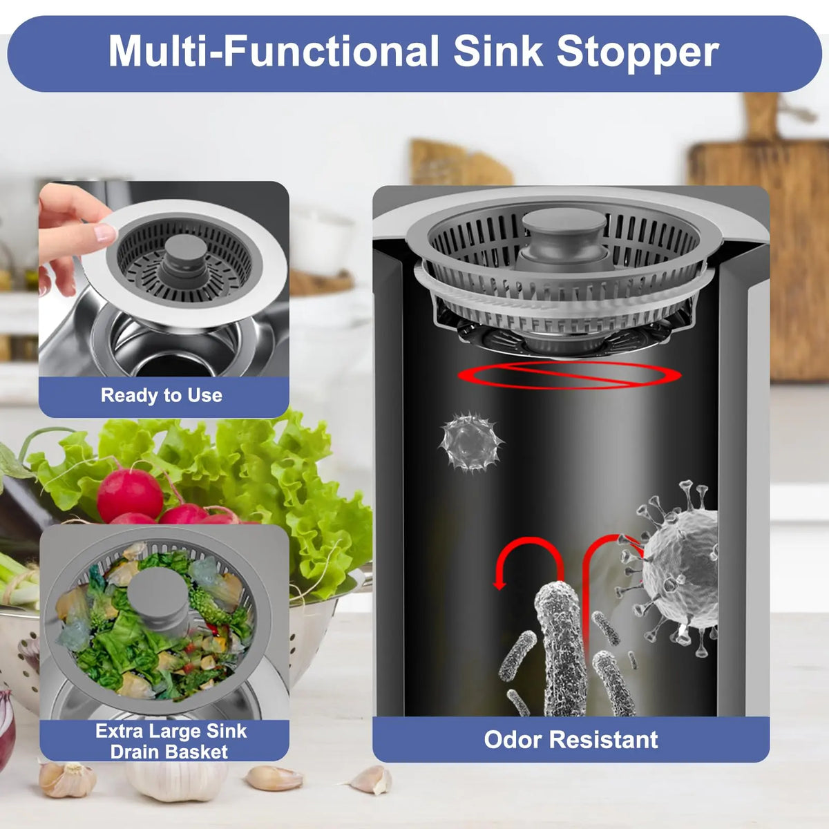 3-in-1 Kitchen Sink Strainer & Stopper, Stainless Steel Pop Up Kitchen Sink Drain Strainer, Anti-clogging Kitchen Sink Stopper, Kitchen Fixtures, Bathroom Sink Stopper, Anti Clogging Drainage