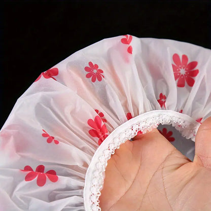 4 Pcs Thickened Reusable Waterproof Shower Cap Set, Elastic Plastic Bath Caps, All Over Print Hair Covers for Spa, Hair Salon, Cooking and Bathroom Use