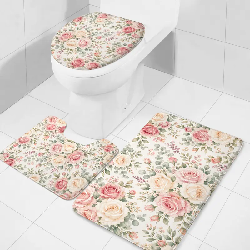 Vintage Pink Rose 3-Piece Bathroom Combo Set - Shabby Chic Polyester Floral Print Flowers Bath Mats, U-Shaped Toilet Rug, Lid Cover, Soft Absorbent Cushioned Anti-Slip, Washable, French Country Home Supply, Mother’s Day Gift
