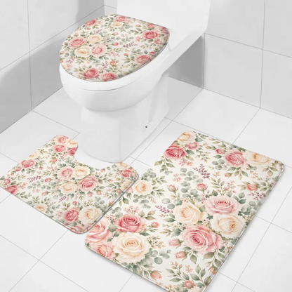 Vintage Pink Rose 3-Piece Bathroom Combo Set - Shabby Chic Polyester Floral Print Flowers Bath Mats, U-Shaped Toilet Rug, Lid Cover, Soft Absorbent Cushioned Anti-Slip, Washable, French Country Home Supply, Mother’s Day Gift