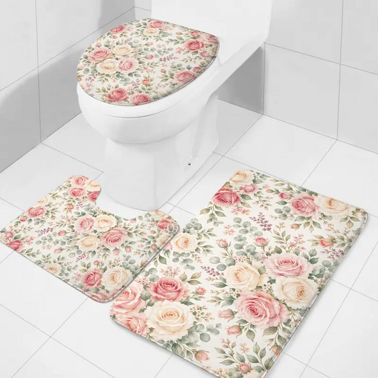 Vintage Pink Rose 3-Piece Bathroom Combo Set - Shabby Chic Polyester Floral Print Flowers Bath Mats, U-Shaped Toilet Rug, Lid Cover, Soft Absorbent Cushioned Anti-Slip, Washable, French Country Home Supply, Mother’s Day Gift