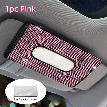 Car Tissue Box, Car Sun Visor Tissue Storage Box, Glitter Artificial Rhinestone Shiny Tissue Bag, Artificial Crystal Car Back Seat Tissue Bag, Tissue Holder for Car, Car Accessories Women, Car Interior Accessories Girls