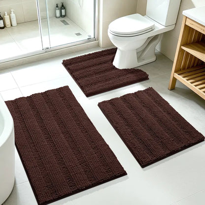 ACCUMTEK Striped Bathroom Rug Set Ultra Soft, Non Slip Chenille Toilet Mat, Absorbent Plush Shaggy Bath Mats for Bathroom, Bedroom, Kitchen