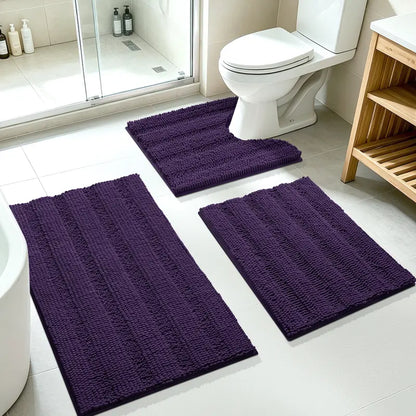 ACCUMTEK 3-Piece Soft Striped Rectangle Chenille Bathroom Rug Set - Stays Put PVC Grip, Absorbent, Plush Texture Shaggy Weave, Machine Washable for Easy Upkeep, Bathroom Accessory, High Pile