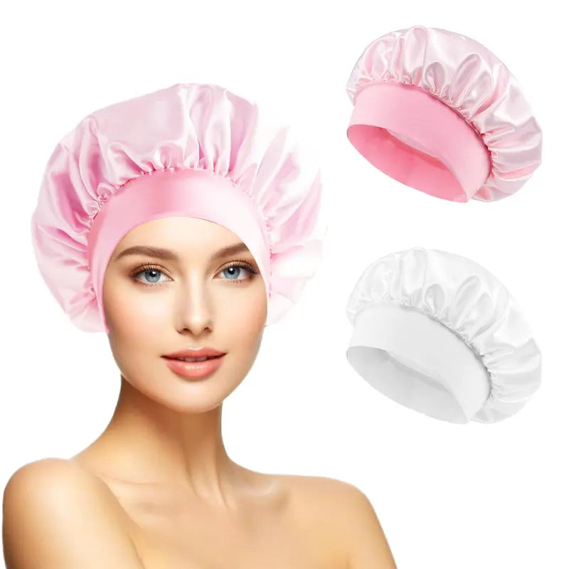 Satin Shower Cap Bathroom Accessory - Modern Smooth Design with Elastic Wide Band, Portable Adjustable Hair Waving Bonnet for Black Women’s Braids, Silk Chemo Cap, Satin Storage Bag (Bedroom Use Compatible)