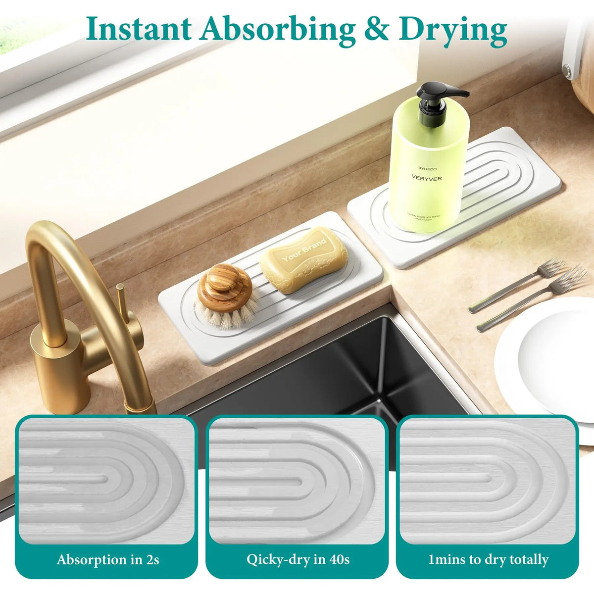 2 PCS Water Absorbing Stone Tray for Sink, Quick Drying Diatomite Bathroom Tray Countertop, Bathroom Accessory, Stone Drying Mat for Kitchen Counter Faucet, Water Absorbent Mat, Soap Dish Dispenser Vanity Organizer, Bathroom Supplies, White-A-8.3" x 4"
