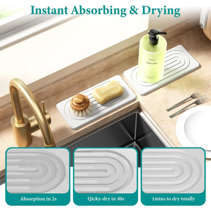 2 PCS Water Absorbing Stone Tray for Sink, Quick Drying Diatomite Bathroom Tray Countertop, Bathroom Accessory, Stone Drying Mat for Kitchen Counter Faucet, Water Absorbent Mat, Soap Dish Dispenser Vanity Organizer, Bathroom Supplies, White-A-8.3" x 4"