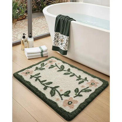 DEXI Traditional Rectangle Bathroom Rug Set - 20x32in Cozy Microfiber Bath Mat with Anti-Slip Pad, Highly Absorbent, Stops Floor Bunching, Durable, Cold-Washable, Easy-Clean, Quick-Dry (Prints: Green Leaf/Pink Flower/Beige)