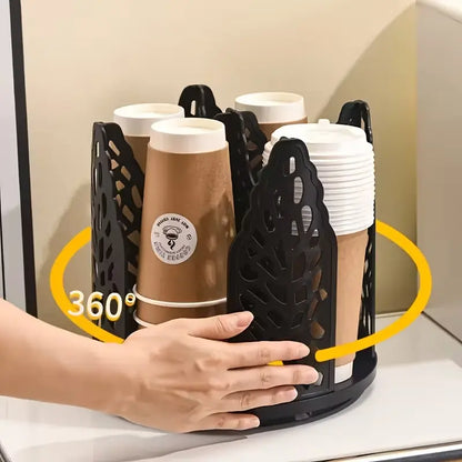 360° Spin Coffee Cup Dispenser, Space-Saving Rotating Kit Organizer for Office Desk,Multifunctional Cup Holder, 1 Count 4 Compartment Cup Dispenser, Space Saving Cup Storage Rack, Cup Organizer Suitable for Stacking 10oz, 12oz, 16oz Cups & Lids