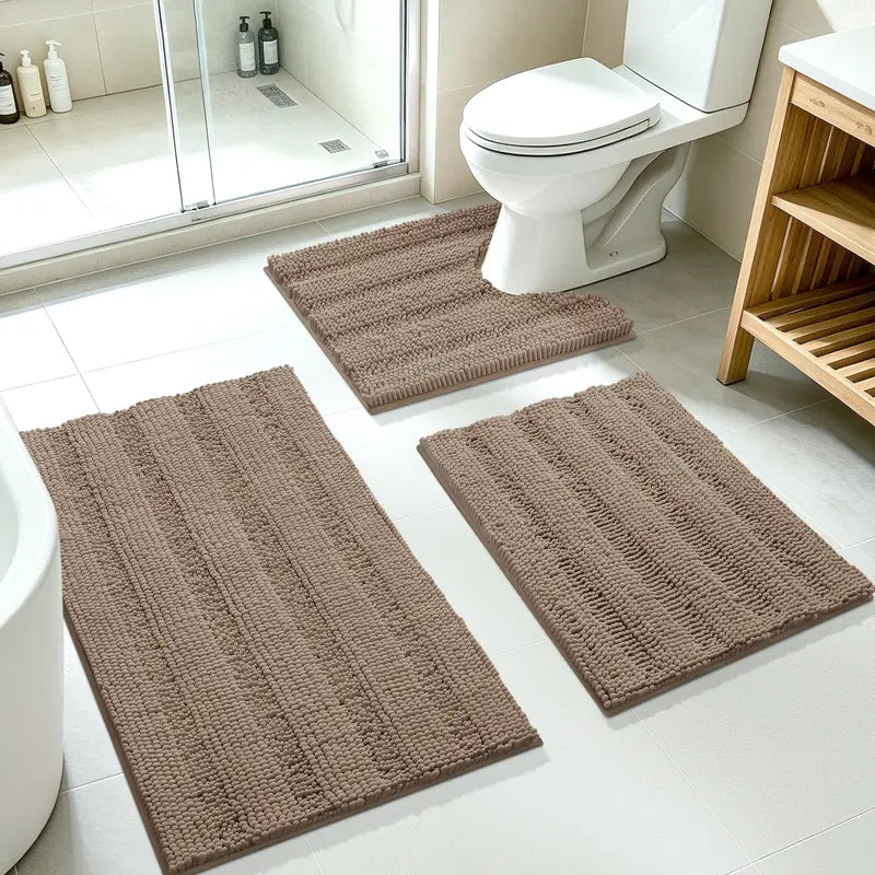 ACCUMTEK 3-Piece Soft Striped Rectangle Chenille Bathroom Rug Set - Stays Put PVC Grip, Absorbent, Plush Texture Shaggy Weave, Machine Washable for Easy Upkeep, Bathroom Accessory, High Pile