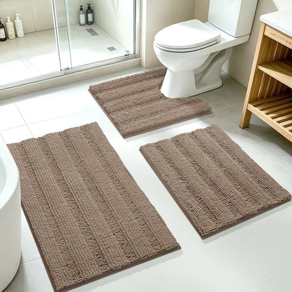 ACCUMTEK 3-Piece Soft Striped Rectangle Chenille Bathroom Rug Set - Stays Put PVC Grip, Absorbent, Plush Texture Shaggy Weave, Machine Washable for Easy Upkeep, Bathroom Accessory, High Pile