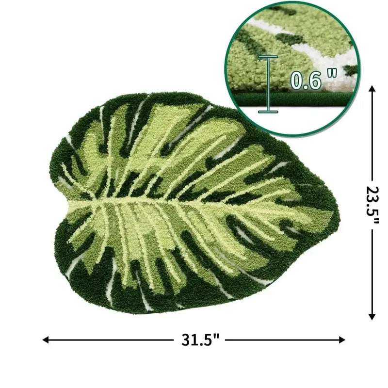 Green Tropical Monstera Leaf Print Microfiber Bathroom Mat - Absorbent, Non-Slip Bath Rug with Natural Look, Hawaiian Plants Themed for Bathroom Home Decoration, Unique Indoor Decor