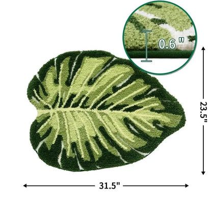 Green Tropical Monstera Leaf Print Microfiber Bathroom Mat - Absorbent, Non-Slip Bath Rug with Natural Look, Hawaiian Plants Themed for Bathroom Home Decoration, Unique Indoor Decor