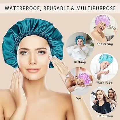 Shower Caps for Women - 4 PCS Double Waterproof Elastic Reusable Bath Caps in Solid Colors - Double Layer Design - Cover Set Bathroom Accessory