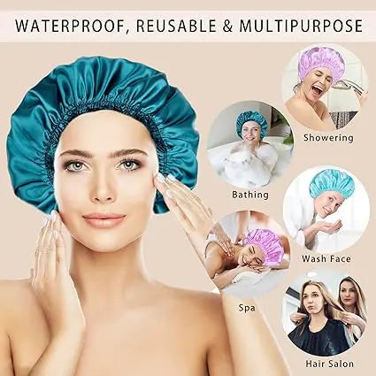 Shower Caps for Women - 4 PCS Double Waterproof Elastic Reusable Bath Caps in Solid Colors - Double Layer Design - Cover Set Bathroom Accessory