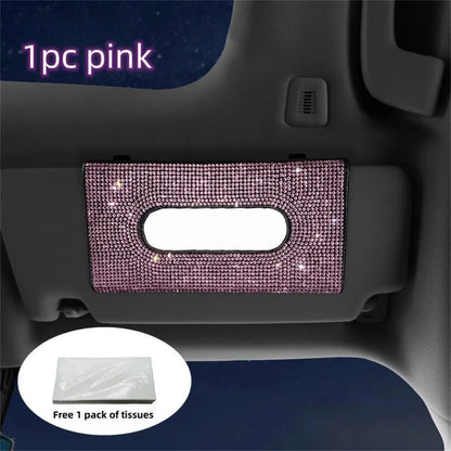 Car Tissue Box, Car Sun Visor Tissue Storage Box, Glitter Artificial Rhinestone Shiny Tissue Bag, Artificial Crystal Car Back Seat Tissue Bag, Tissue Holder for Car, Car Accessories Women, Car Interior Accessories Girls