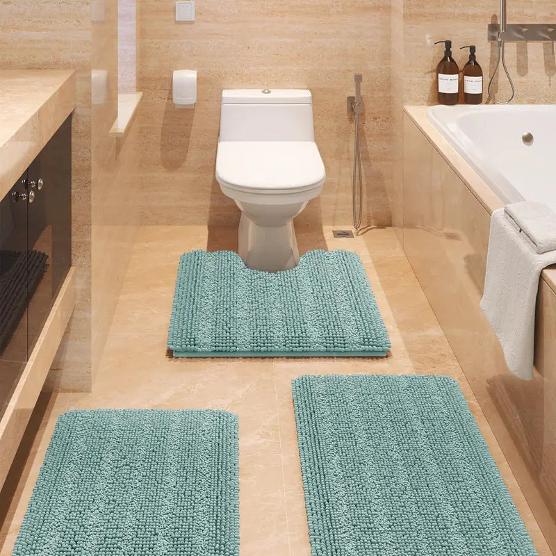 Comfydew Striped 3-Piece Non-Slip Chenille Bathroom Rug Set, Non-Slip PVC Backing Adds Safety, Ultra Soft Deep Pile Soak Absorbent Shaggy Mats for Bathroom Floor, Bedroom