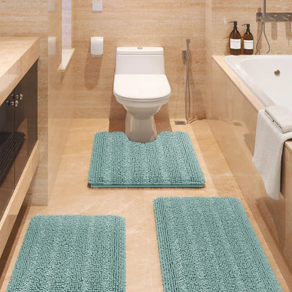 Comfydew Striped 3-Piece Non-Slip Chenille Bathroom Rug Set, Non-Slip PVC Backing Adds Safety, Ultra Soft Deep Pile Soak Absorbent Shaggy Mats for Bathroom Floor, Bedroom