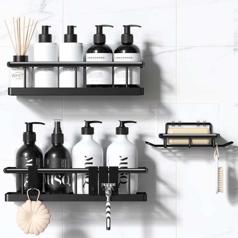 Black Wall-Mounted Steel Shower Organizer Rack Set (2pcs/5pc Black), Bathroom Decor with Tempered Glass Removable Floating Shelves, No-Drill Self-Adhesive Baskets, Hollow Drain, Rustproof Lightweight Easy-Clean Home Bathroom Supplies, Different Sizes
