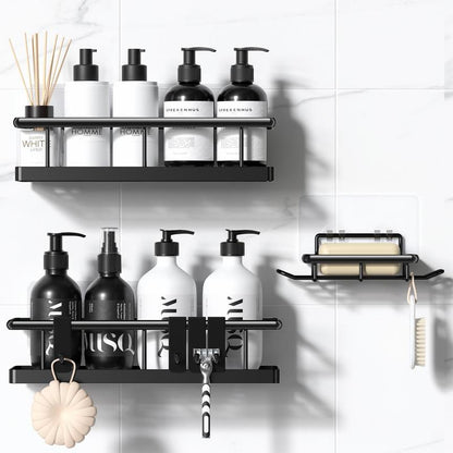 Black Wall-Mounted Steel Shower Organizer Rack Set (2pcs/5pc Black), Bathroom Decor with Tempered Glass Removable Floating Shelves, No-Drill Self-Adhesive Baskets, Hollow Drain, Rustproof Lightweight Easy-Clean Home Bathroom Supplies, Different Sizes