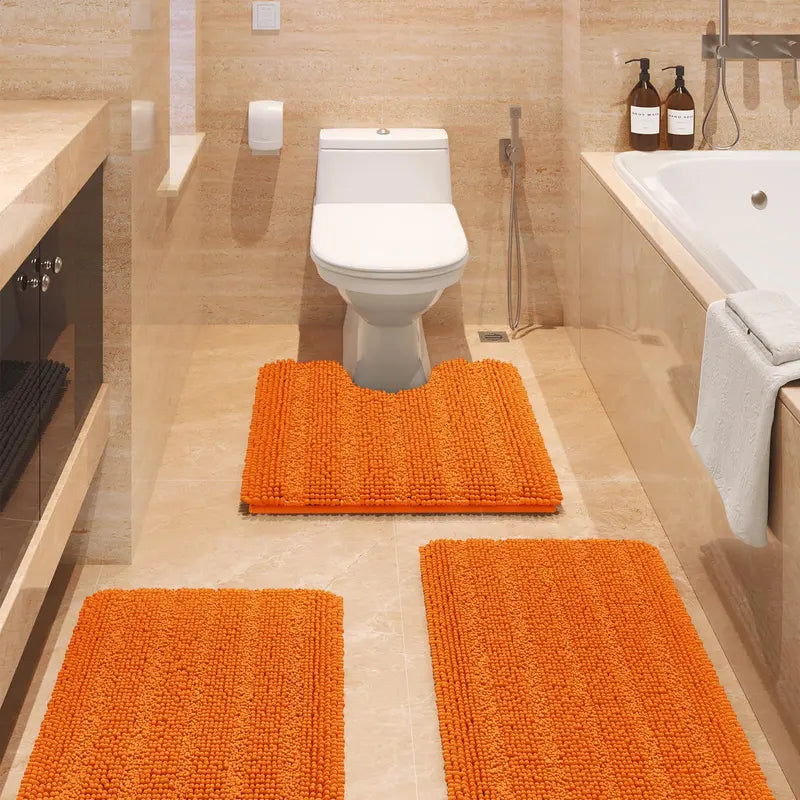 Comfydew Striped 3-Piece Non-Slip Chenille Bathroom Rug Set, Non-Slip PVC Backing Adds Safety, Ultra Soft Deep Pile Soak Absorbent Shaggy Mats for Bathroom Floor, Bedroom