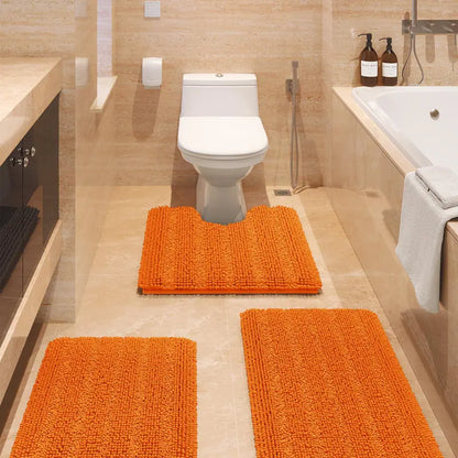Comfydew Striped 3-Piece Non-Slip Chenille Bathroom Rug Set, Non-Slip PVC Backing Adds Safety, Ultra Soft Deep Pile Soak Absorbent Shaggy Mats for Bathroom Floor, Bedroom