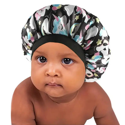 Child's Silk-Like Satin Sleep Bonnet - Snug Fit Hair Care Cover for Sleep & Bath, Soft Printed Reusable Breathable Sport Rainwear-Compatible Accessory