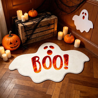 1pc Halloween Bathroom Rug - BOO Flame Letter Cute Ghost Mat, Irregular Shape, Soft and Comfortable Non-Slip Mat, Machine Washable, Halloween Decor Rug, Halloween Gift, Bedroom Bedside Mat, Halloween Atmosphere Home Decor