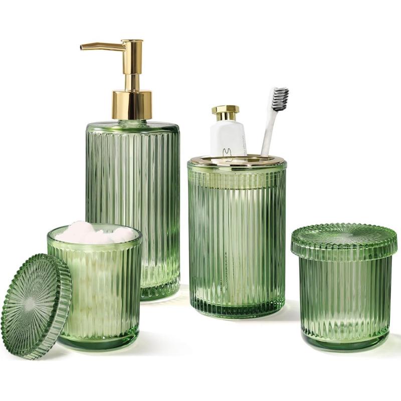 Matte Black Stainless Steel Bathroom Organizer Supplies Set (4-Piece) - Glass Soap Dispenser with Pump, Holder, Qtip Organiser for Modern Home Decor
