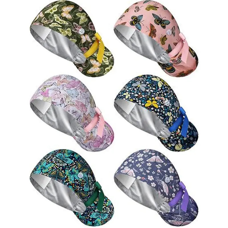 6Pcs Printed Cotton Satin Lined Ponytail Scrub Caps Set for Women, Adjustable Tie Back Nurse Surgical Hats with Mask Buttons, Hair Protect Bouffant Turbans, Multifunctional Shower Kitchen Oil Proof Work Head Covers