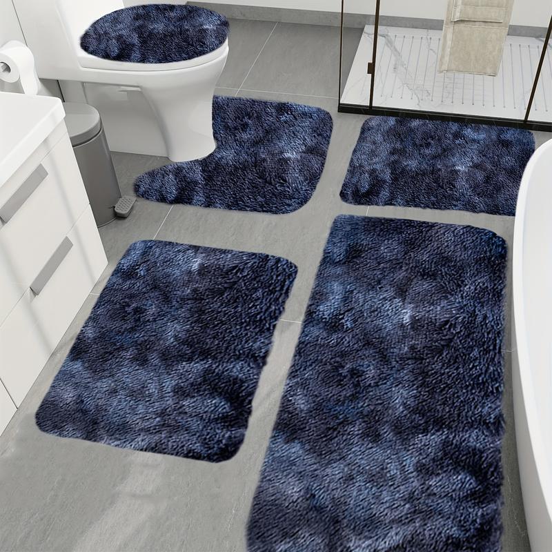 5pcs Bathroom Rugs Combo Set - Bathroom Accessory with Rectangle Toilet Cover, U-Shaped Contour Mat, Synthetic Water Absorbent Bathmat, Slip-Safe Footing, Washable Rug, Easy Daily Care for Bathtub/Shower (Black)
