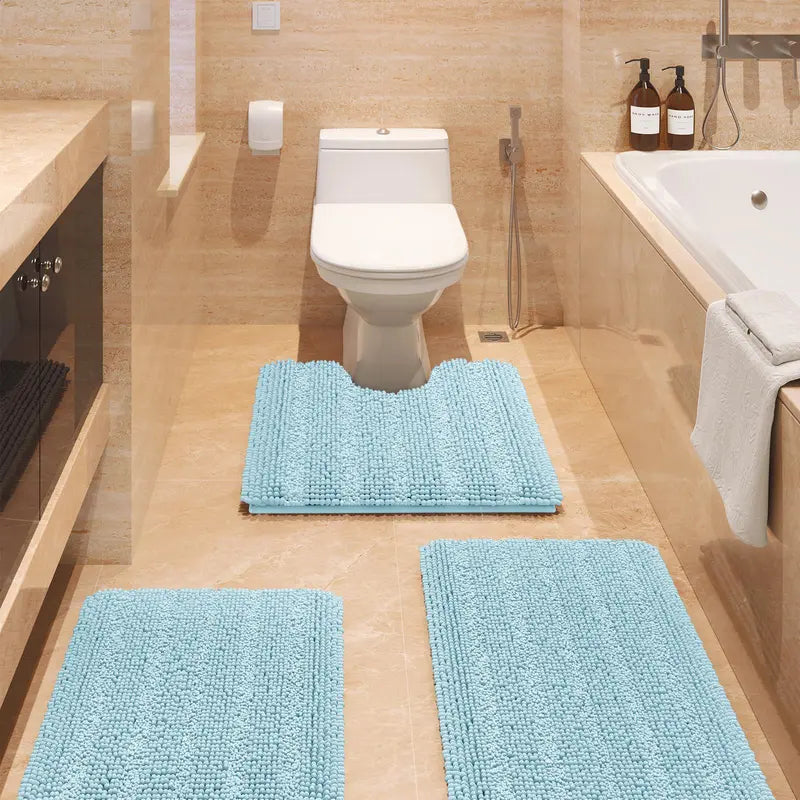 Comfydew Striped 3-Piece Non-Slip Chenille Bathroom Rug Set, Non-Slip PVC Backing Adds Safety, Ultra Soft Deep Pile Soak Absorbent Shaggy Mats for Bathroom Floor, Bedroom