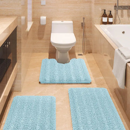 Comfydew Striped 3-Piece Non-Slip Chenille Bathroom Rug Set, Non-Slip PVC Backing Adds Safety, Ultra Soft Deep Pile Soak Absorbent Shaggy Mats for Bathroom Floor, Bedroom
