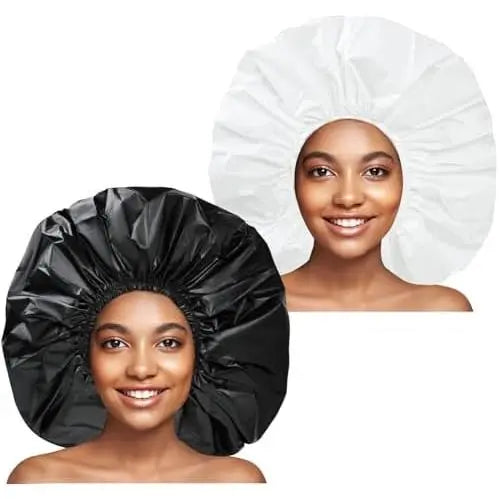Women's Super Large Waterproof Dustproof Durable Shower Cap Set (2 Count) - Elastic, Black, White, for Adults' Long Thick Curly Hair, Locs, Twist Braids, Blocks Oily Fumes