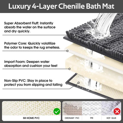 ACCUMTEK 3-Piece Soft Striped Rectangle Chenille Bathroom Rug Set - Stays Put PVC Grip, Absorbent, Plush Texture Shaggy Weave, Machine Washable for Easy Upkeep, Bathroom Accessory, High Pile