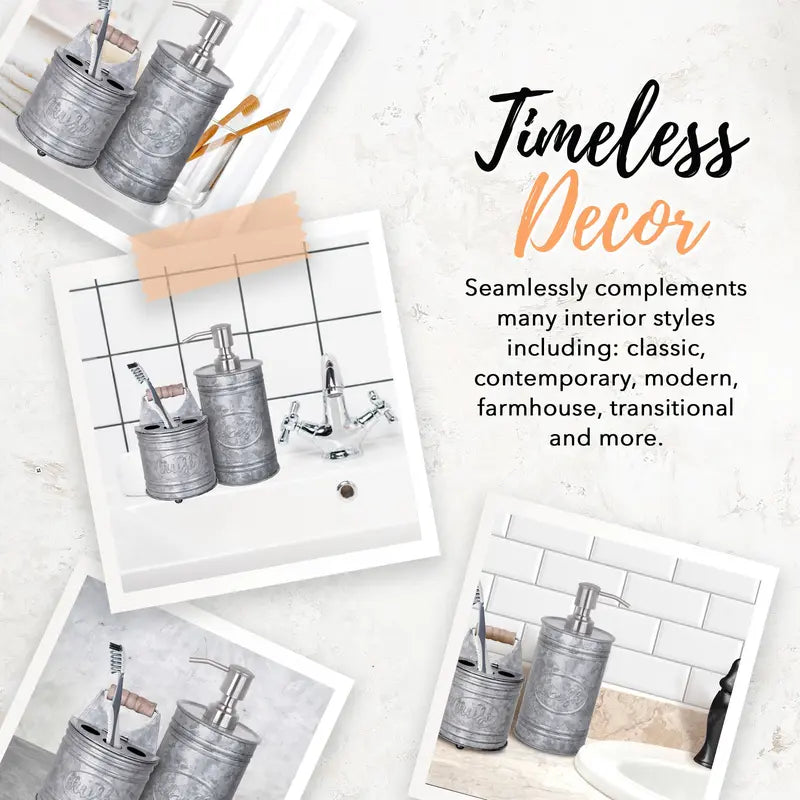 Autumn Alley 2-Piece Galvanized Rustic Bathroom Accessory Set with Soap Dispenser, Toothbrush Brush Holder - Farmhouse Bathroom Accessories Household Bathroom Gadget Bathroom Decor Supplies