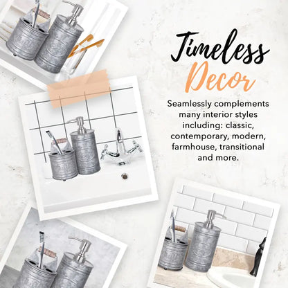 Autumn Alley 2-Piece Galvanized Rustic Bathroom Accessory Set with Soap Dispenser, Toothbrush Brush Holder - Farmhouse Bathroom Accessories Household Bathroom Gadget Bathroom Decor Supplies