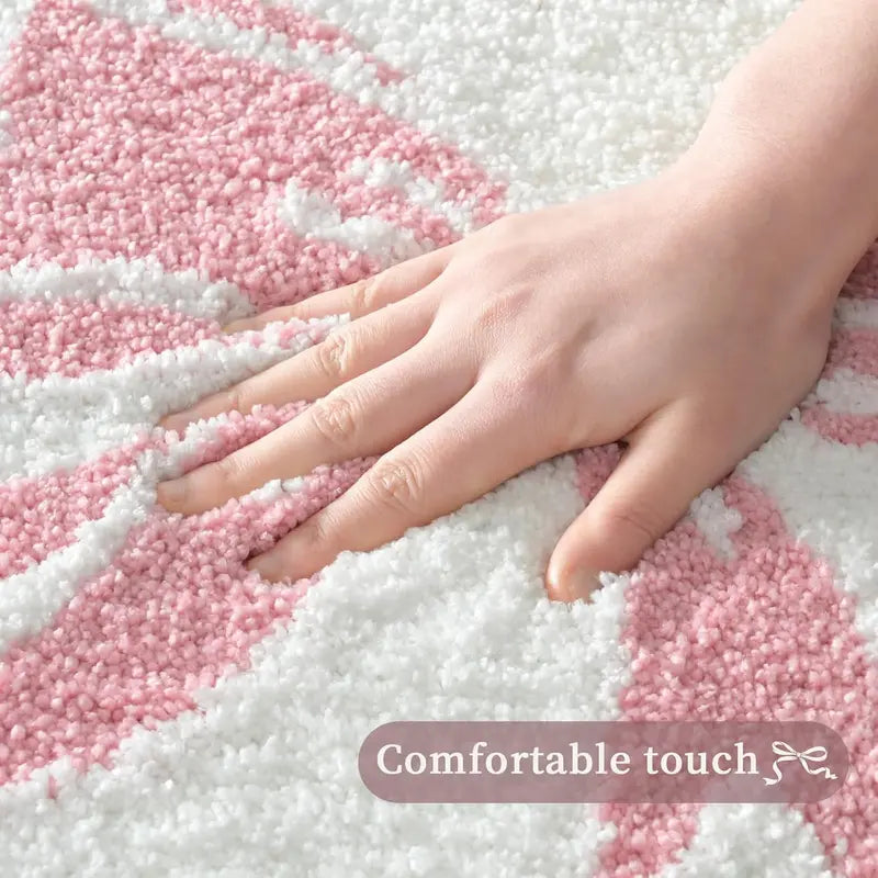 Pink and White Scalloped Edge Microfiber Pet Bath Mat - 18x25 in Rubber Slip-Resistant Bathroom Rug, Soft, Super Absorbent, Quick Drying, Machine Washable Dog & Cat Training Aid (Bow-Center Mother’s Day Gift)