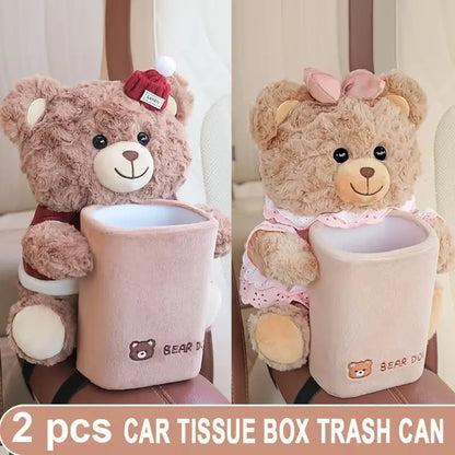 Cute Teddy Shape 2-in-1 Plastic Tissue Box Trashcan - Creative Waste Bin, Home Trash Bin, Portable Car Interior & Home Storage Organizer, Compact Fit, Valentine's Day Gifts, 2-in-1 Functionality