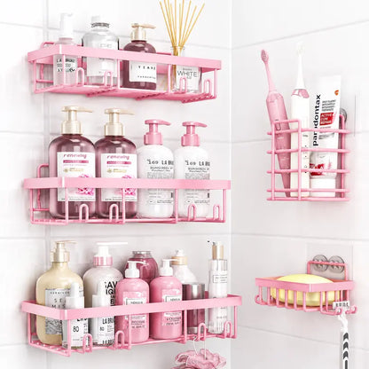 【Back to School】Blush Pink 5-Piece Round Self-Adhesive Shower Organizer Set - No-Drill, Hollow Stainless Steel Wall Mount, Rust-Proof Waterproof Bathroom Gadget with Large Shampoo Basket, Toothbrush Holder, Soap Rack for Dorm Rooms, Bathroom Decor