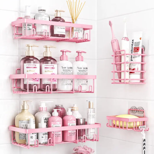 【Back to School】Blush Pink 5-Piece Round Self-Adhesive Shower Organizer Set - No-Drill, Hollow Stainless Steel Wall Mount, Rust-Proof Waterproof Bathroom Gadget with Large Shampoo Basket, Toothbrush Holder, Soap Rack for Dorm Rooms, Bathroom Decor