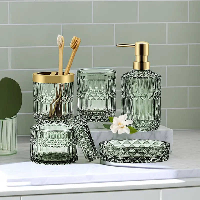 5-Pcs Green Glass Bath Accessory Kit - Vanity Countertop Organizer with Hand Soap Dispenser, Soap Dish, Toothbrush Holder, Jar, Bathroom Decoration Accessories, Vanity Decor, Green Cozy Ambiance, Mother's Day Housewarming Gift Set