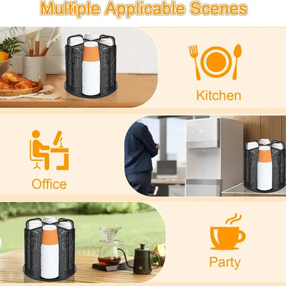 Coffee Cup Dispenser, Disposable Paper Cup and Lid Holder 360° Rotatable with 4 Compartments,Can Stacking 3-16oz Cups and Lid Holder for Coffee Shop,Home Countertop,Office,Restaurant,Kitchen