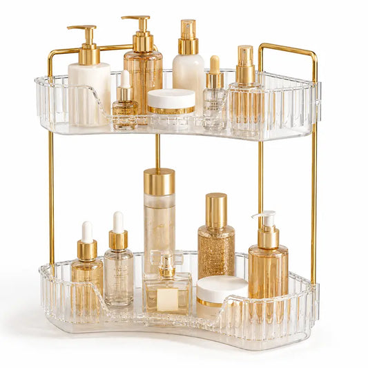 2-Tiers Plastic Corner Bathroom Counter Organizer - Gold Metal Pole Shelves, Makeup Organizer Storage Rack, Cosmetic Perfume Tray Holder for Vanity Sink, Bathroom Gadget, Bathroom Accessories